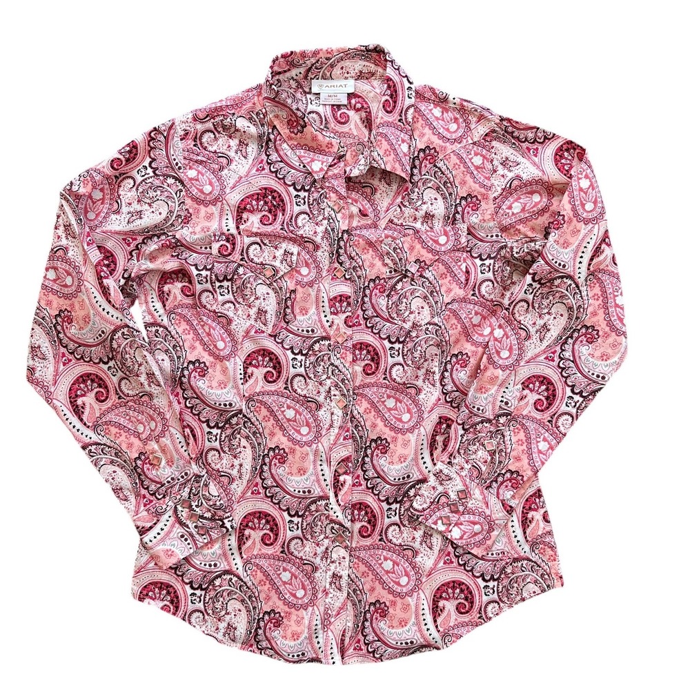 Ariat Western Snap Shirt Wmn Medium‎ Pink Paisley Cotton Long Sleeve Square Snap
